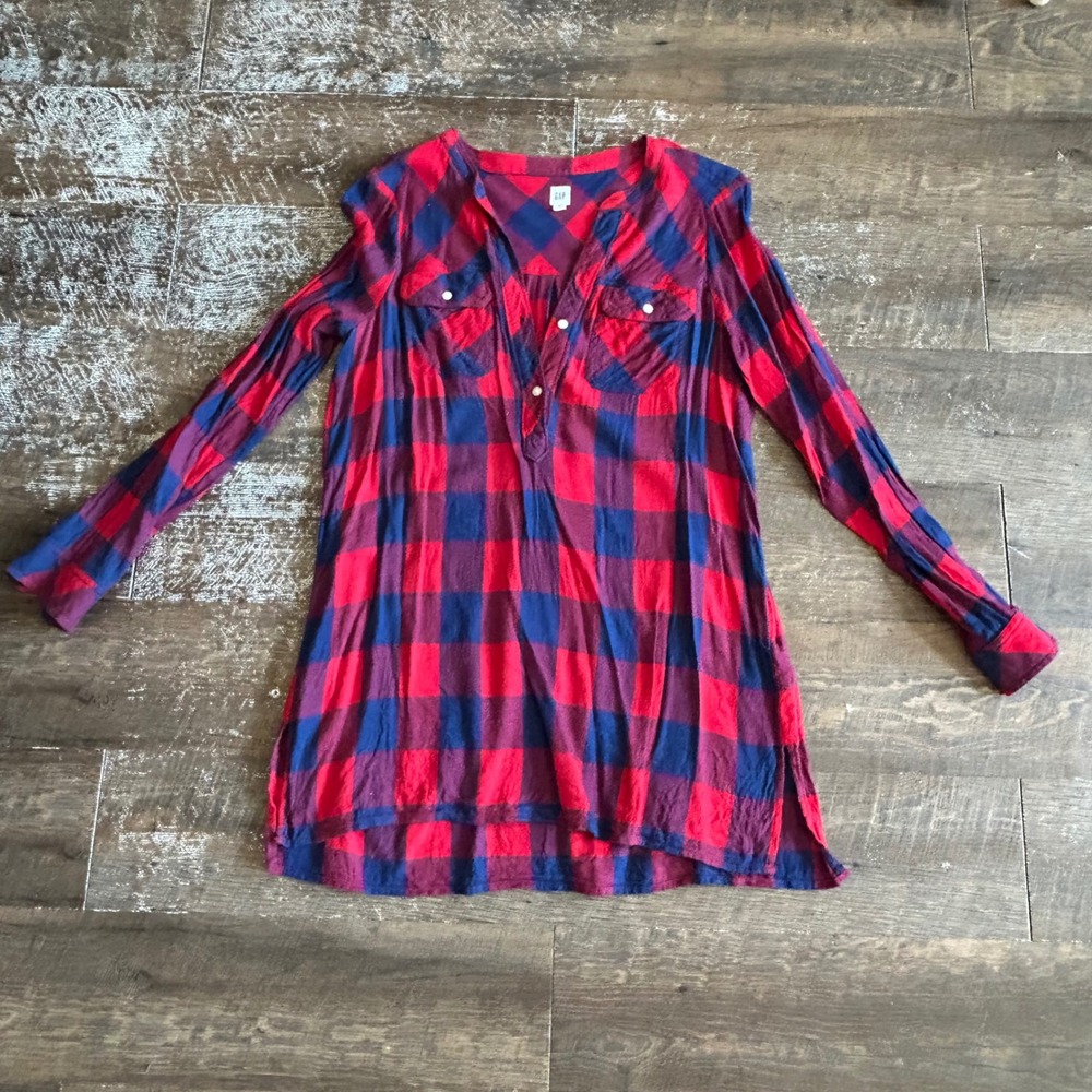 Gap Womens Red Navy Buffalo Plaid Henley Tunic Top Long Sleeve Cotton Blend M
